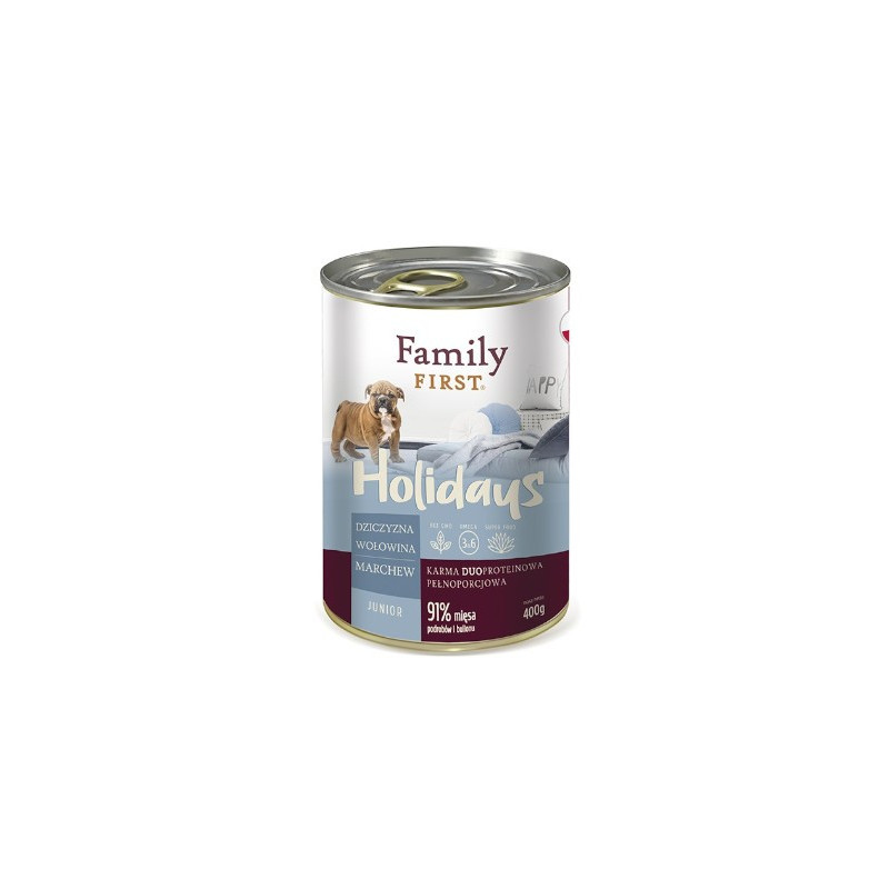 Family First Karma mokra dla psa Holidays duoprotein dziczyzna/wolowina/marchew junior-400g