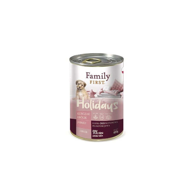 Family First Karma mokra dla psa Holidays duoprotein kurczak/królik/jabłko junoir-400g