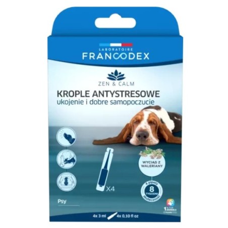 FRANCODEX Krople antystresowe z walerianą dla psów, 4 x 3 ml