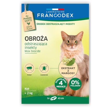 FRANCODEX Obroża dla kotów powyżej 2 kg odstraszająca insekty - 4 miesiące ochrony, 43 cm