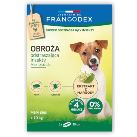 FRANCODEX Obroża dla małych psów do 10 kg odstraszająca insekty - 4 miesiące ochrony, 35 cm