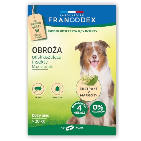 FRANCODEX Obroża dla dużych psów powyżej 20 kg odstraszająca insekty - 4 miesiące ochrony, 75 cm